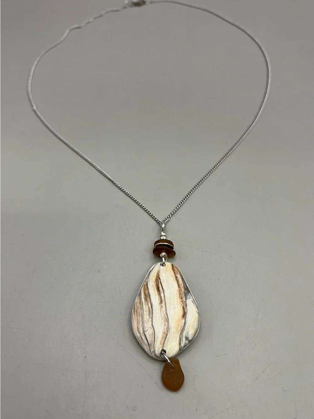 Handmade Quahog Shell Wampum Necklace with Authentic Amber Sea Glass